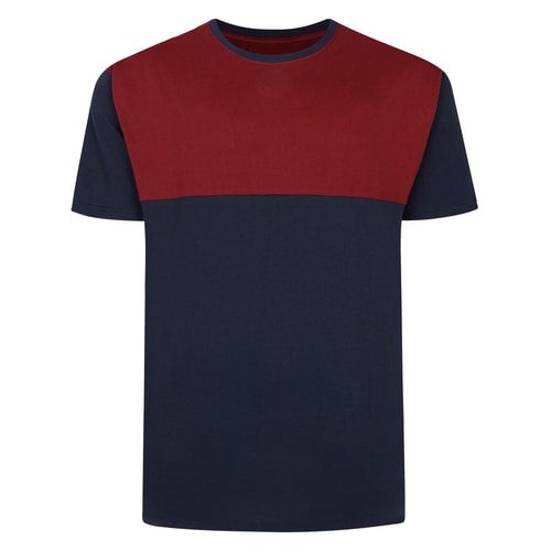 Front view of navy and burgundy panelled crew neck T-shirt.
