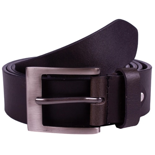Black leather belt with brushed silver square buckle.