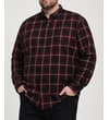 Thumbnail Burgundy checked flannel long sleeve shirt on model.