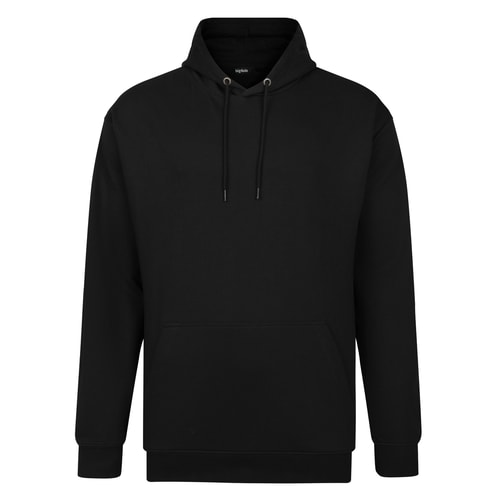 Black lightweight hoody with drawstrings, front view.
