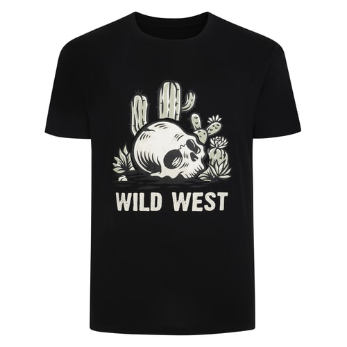 Black T-shirt with Wild West skull and cactus front print.