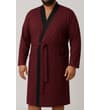 Thumbnail Burgundy bath robe with black trim, angled front view on model.