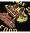Thumbnail Close-up of the front slogan and burger character print.