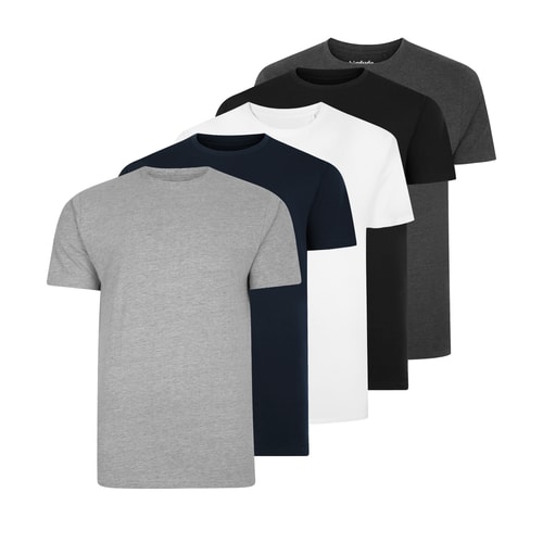 Five plain crew neck T-shirts grouped in assorted colours.