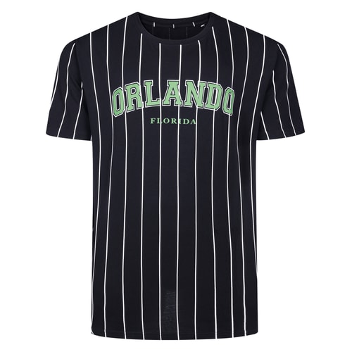 Black pinstripe T-shirt with Orlando Florida chest print.
