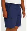 Thumbnail Navy cargo shorts worn, angled side view.