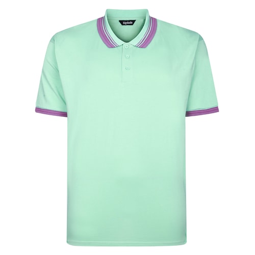 Front view of mint polo shirt with purple tipped collar.