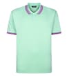 Thumbnail Front view of mint polo shirt with purple tipped collar.