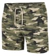 Thumbnail Khaki camo shorts front view with drawstring waist.