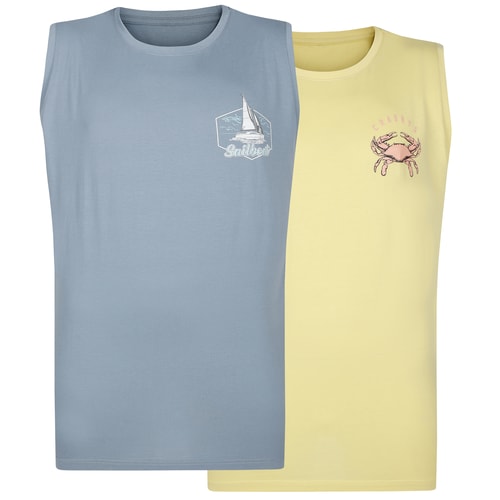 Bigdude Twin Pack Small Print Sleeveless T-Shirt Yellow/Light Blue