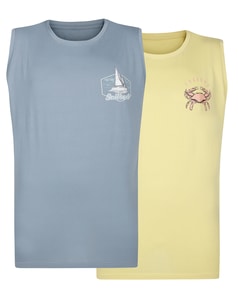 Bigdude Twin Pack Small Print Sleeveless T-Shirt Yellow/Light Blue