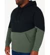 Thumbnail Model wearing navy and sage green block panel hoody, side view.