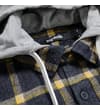 Thumbnail Close-up of the grey hood and collar on the checked shirt.