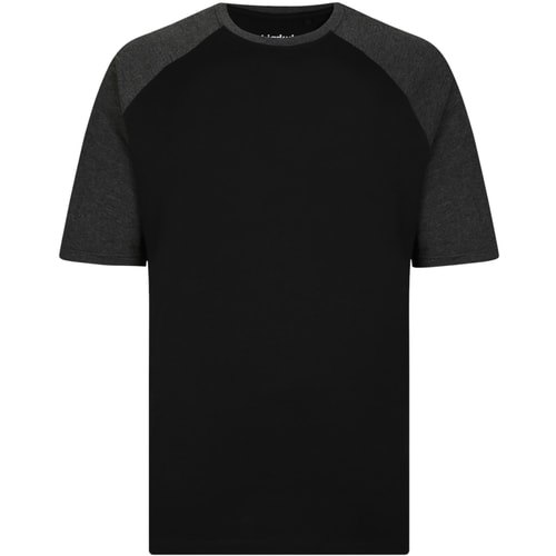 Front view of black raglan T-shirt with grey sleeves.