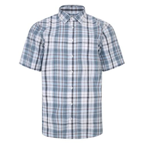 Front view of light blue and white checked short sleeve shirt.