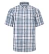 Front view of light blue and white checked short sleeve shirt.