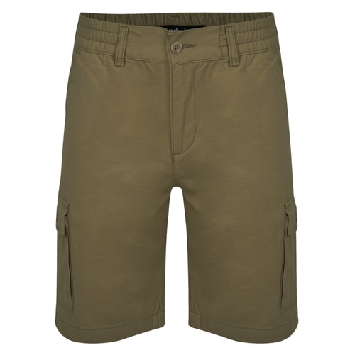 Khaki cargo shorts, front view with side cargo pockets.