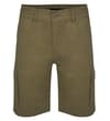 Khaki cargo shorts, front view with side cargo pockets.