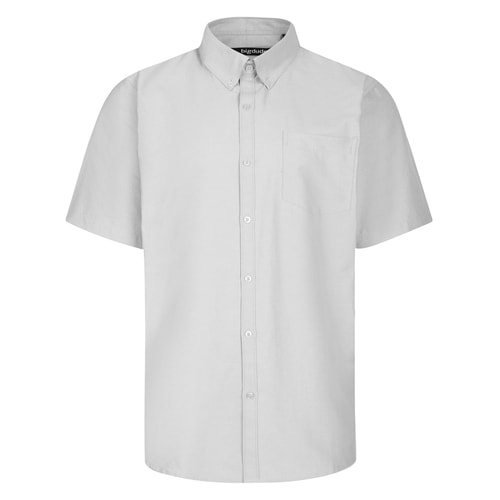Grey short sleeve Oxford shirt, flat front view with chest pocket.