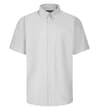 Grey short sleeve Oxford shirt, flat front view with chest pocket.