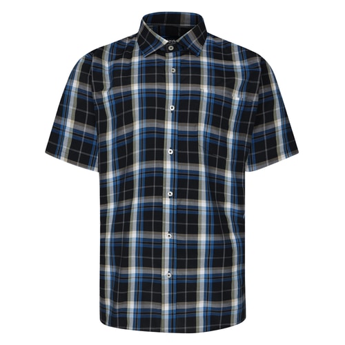 Front view of black and blue short sleeve check shirt.