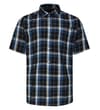 Front view of black and blue short sleeve check shirt.