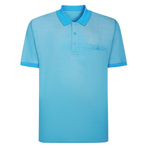 Front view of bright blue polo shirt with chest pocket.