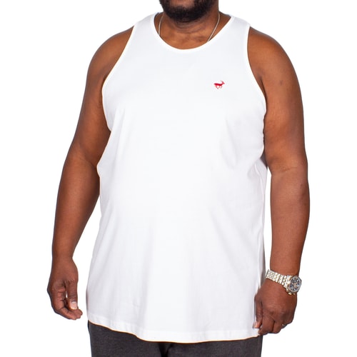 White tall tank top with small chest logo, front view.