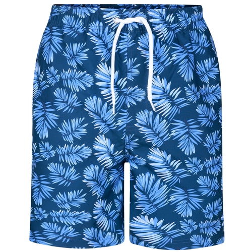 Alternate front view of navy floral swim shorts.