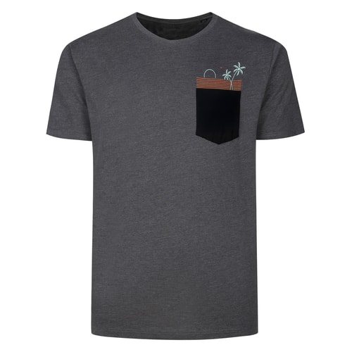 Charcoal crew neck T-shirt with black chest pocket print.