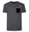 Charcoal crew neck T-shirt with black chest pocket print.