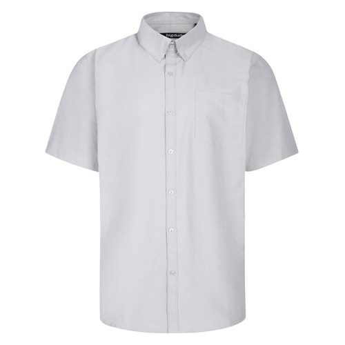 Front view of light grey short sleeve Oxford shirt with chest pocket.