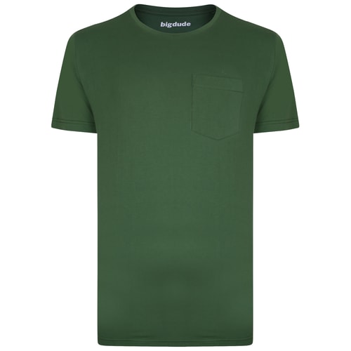 Front view of green crew neck pocket T-shirt.
