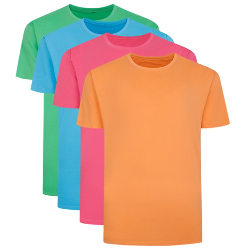 Four plain crew neck T-shirts in green, blue, pink and apricot.