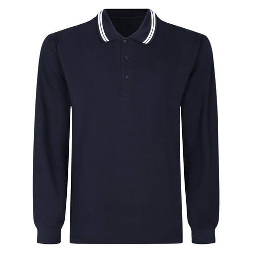Navy long sleeve polo shirt, front flat lay.