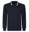 Navy long sleeve polo shirt, front flat lay.