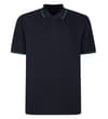 Navy polo shirt with tipped collar and sleeve cuffs, front.