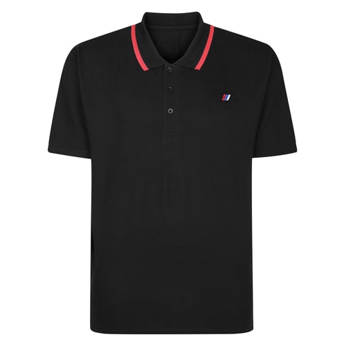 Front view of black polo shirt with red tipped collar.