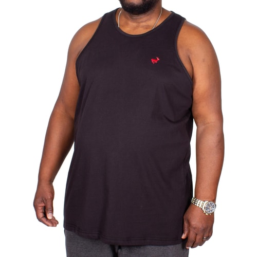 Black tall tank top with red chest logo, front left view.