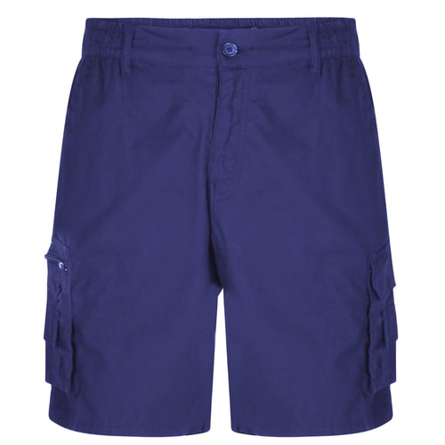 Navy cargo shorts flat front view with cargo side pockets.