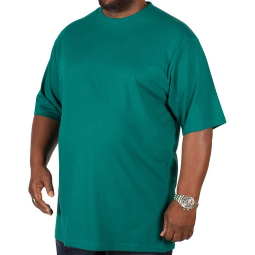 Teal plain crew neck T-shirt worn, front angled view.