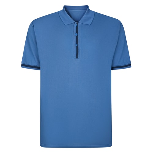 Front view of dusty blue polo shirt with contrast placket.