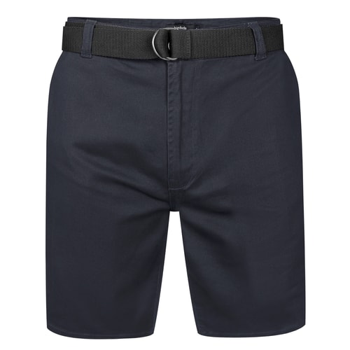 Navy chino shorts, front view with black D-ring belt.