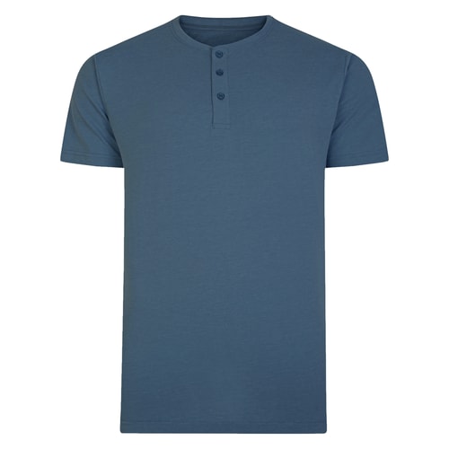 Blue short sleeve henley T-shirt, front view.