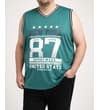 Thumbnail Model wearing teal sleeveless basketball vest with front print.