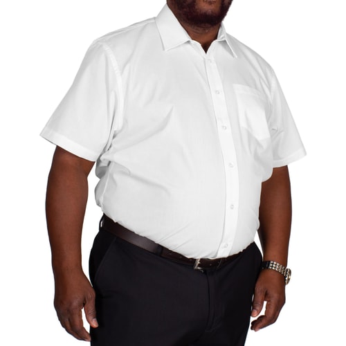 White short sleeve button-up shirt worn, angled view.
