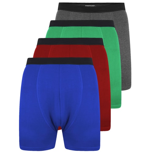 Four boxer briefs in blue, red, green, and gray, angled stack.