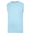Thumbnail Sky blue sleeveless T-shirt flat lay, angled front view.