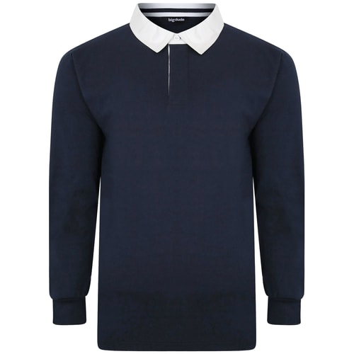 Navy long-sleeve polo shirt with white collar, front view.