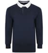 Thumbnail Navy long-sleeve polo shirt with white collar, front view.